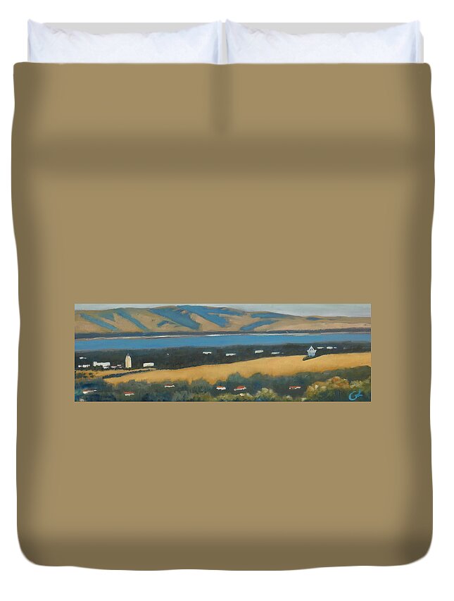 Stanford University Duvet Cover featuring the painting Stanford by the Bay by Gary Coleman