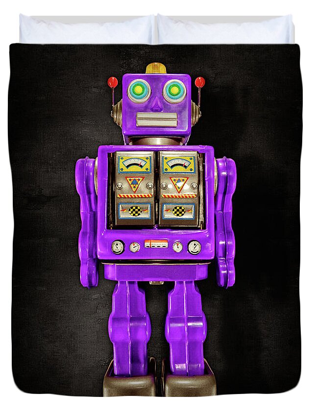 Art Duvet Cover featuring the photograph Star Strider Robot Purple on Black by YoPedro