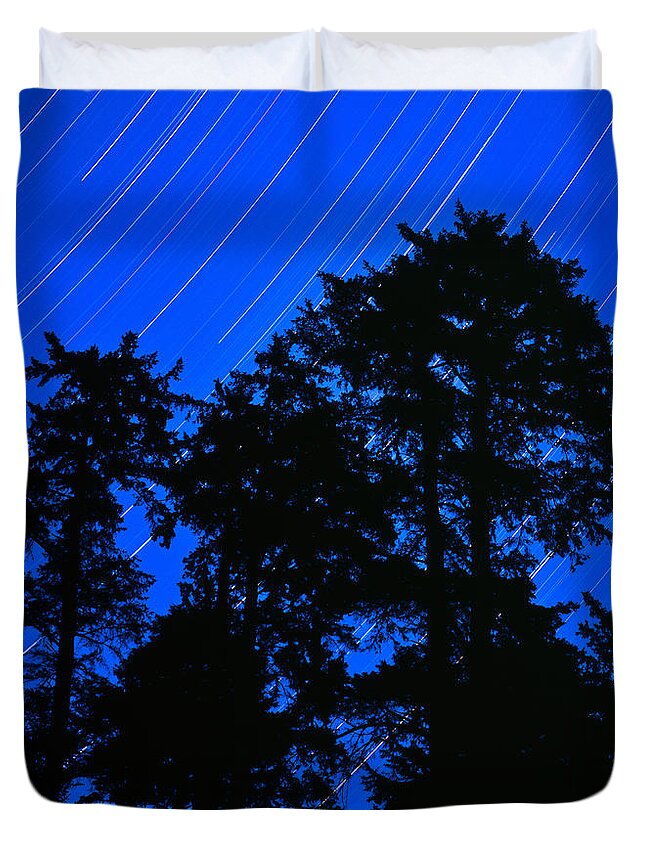 Star Trails Duvet Cover featuring the photograph Star Trails Behind Ruby Beach Tree Group by Tim Rayburn