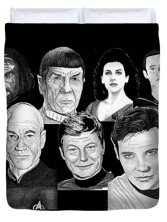 Star Duvet Cover featuring the drawing Star Trek Crew by Bill Richards
