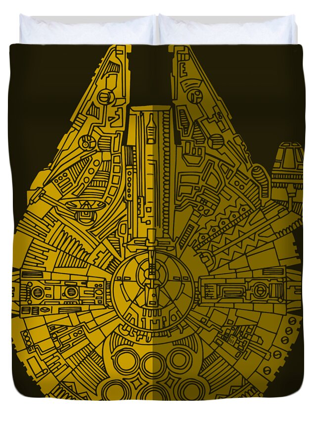 Millennium Duvet Cover featuring the mixed media Star Wars Art - Millennium Falcon - Brown by Studio Grafiikka