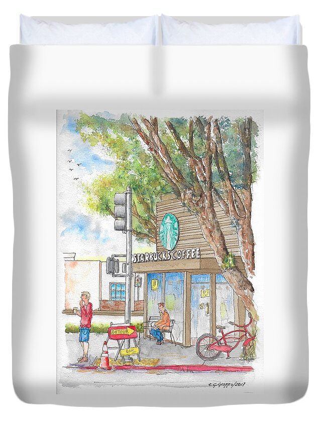 Starbucks Coffee Duvet Cover featuring the painting Starbucks Coffee in Robertson and Beverly Blvd., Beverly Hills, CA by Carlos G Groppa