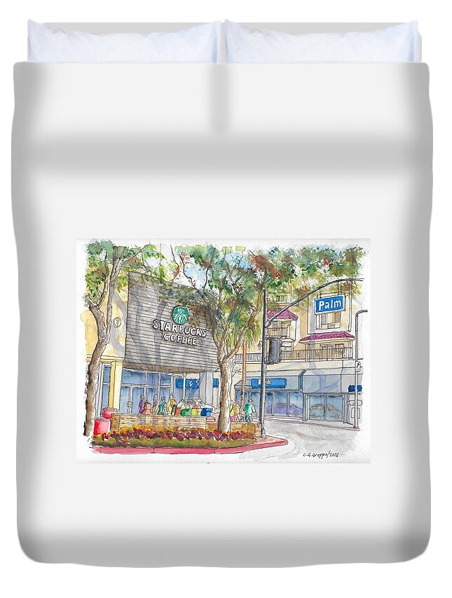 Starbucks Coffee Duvet Cover featuring the painting Starbucks Coffee in San Fernando Rd and Palms, Burbank, California by Carlos G Groppa