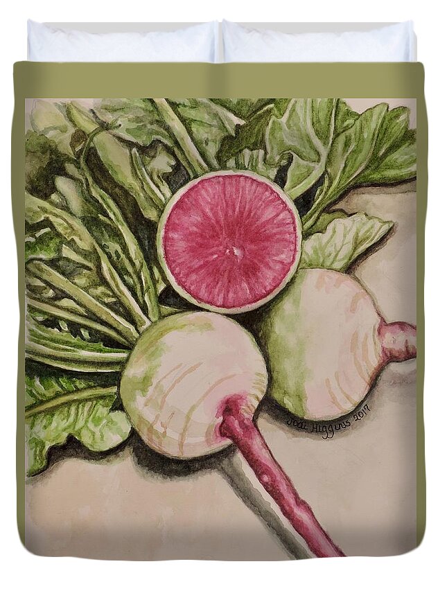 Watercolor Duvet Cover featuring the painting Starburst Radishes by Jodi Higgins