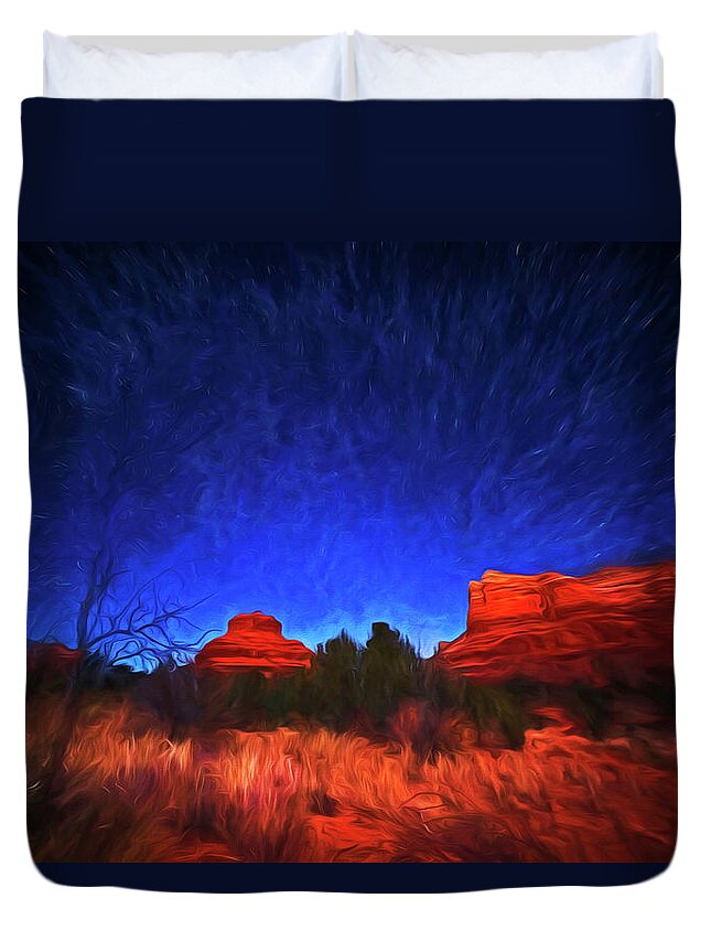 Sedona Duvet Cover featuring the photograph Starry Sky over Bell Rock in Sedona AZ Arizona Painterly by Toby McGuire