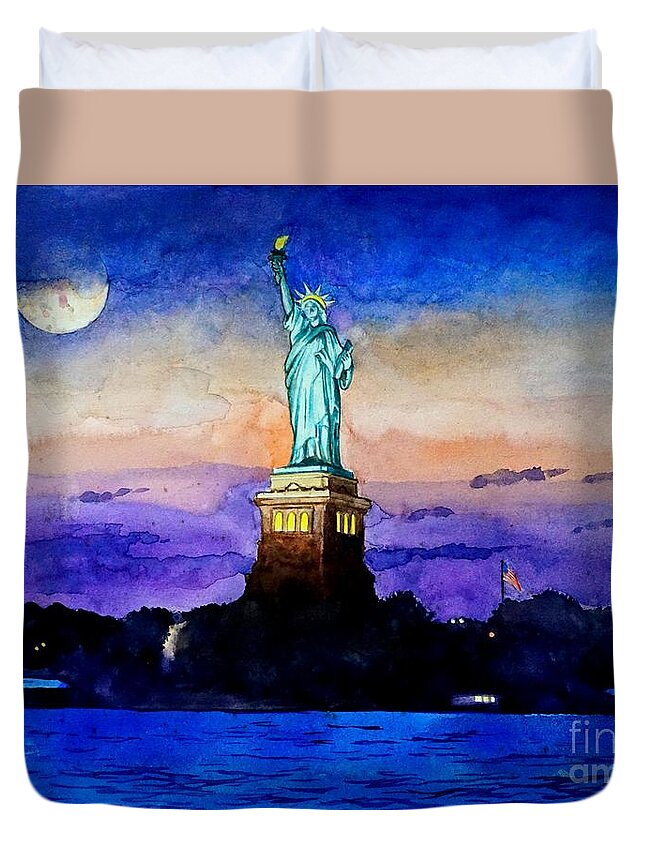 Statue Of Liberty Duvet Cover featuring the painting Statue of Liberty New York by Christopher Shellhammer