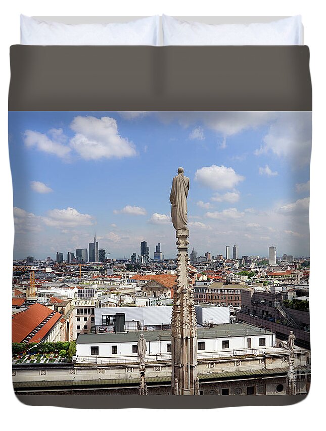 Milan Italy Duvet Cover featuring the photograph Statue Overlooking Milan 7740 by Jack Schultz