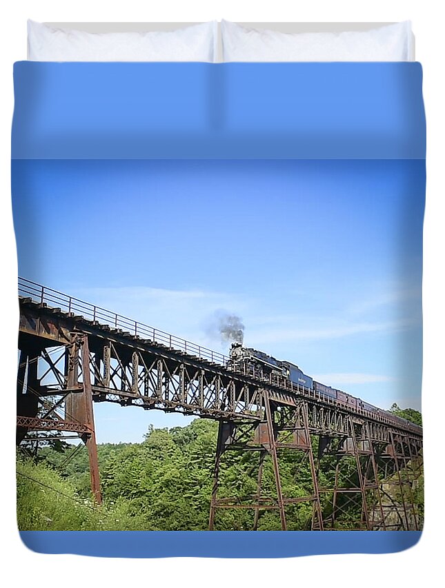 Steam Engine Over Letchworth State Park Duvet Cover featuring the photograph Steam Engine over the Trestle by Joe Granita
