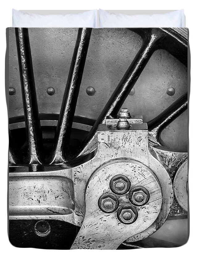 Vintage Duvet Cover featuring the photograph Steam Engine Wheel BW by Rick Deacon