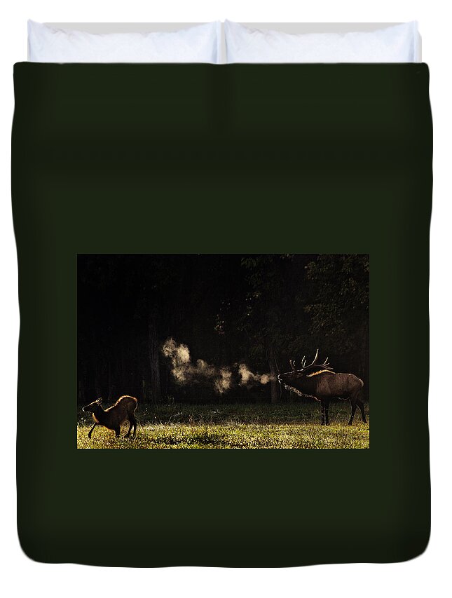 Elk Bugle Duvet Cover featuring the photograph Steamy Breath Elk Bugle by Michael Dougherty