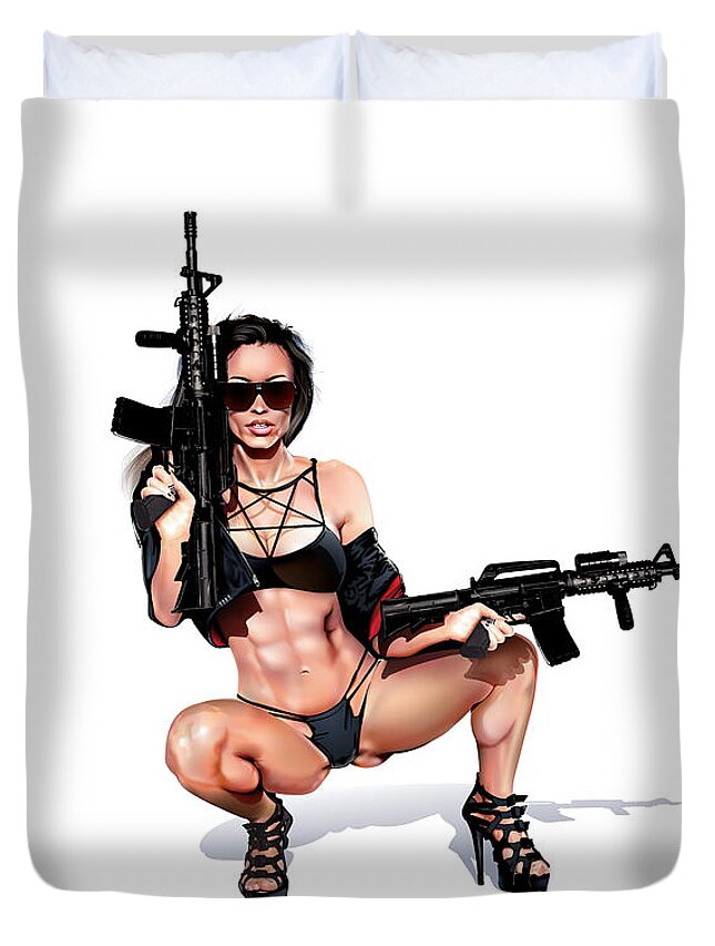 Pin-up Duvet Cover featuring the digital art Pin-up Guns out by Brian Gibbs