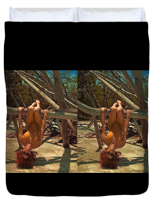 Audrey Michelle Duvet Cover featuring the photograph Stereoscopic Driftwood Beach Bikini Girl Audrey Michelle 020 by Rolf Bertram