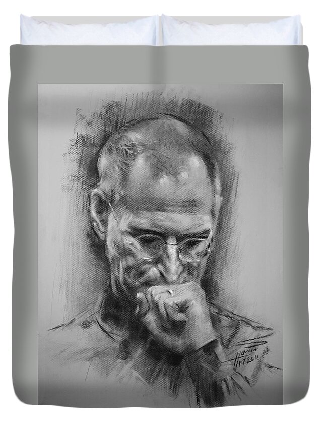 Steve Jobs Duvet Cover featuring the drawing Steve Jobs by Ylli Haruni