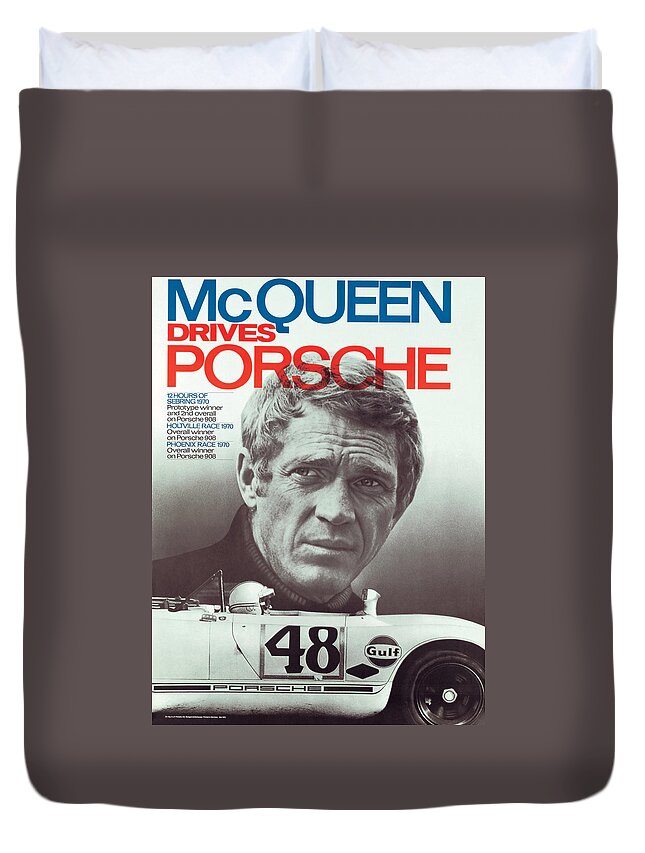Steve Mcqueen Drives Porsche Duvet Cover featuring the digital art Steve McQueen Drives Porsche by Georgia Clare