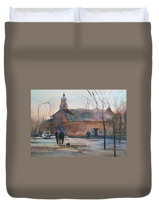 Street Scene Duvet Cover featuring the painting Steven's Point Church by Ryan Radke