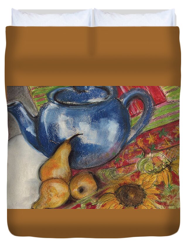Still-life Duvet Cover featuring the painting Still Life with Blue Teapot One by Susan Adams