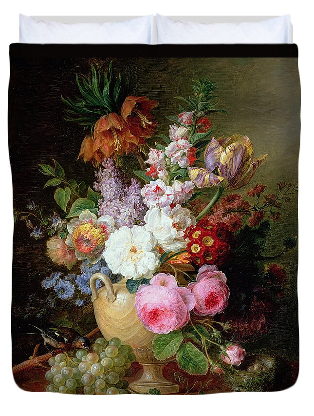 Flower Duvet Cover featuring the painting Still life with flowers and grapes by Cornelis van Spaendonck