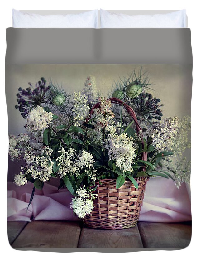 Flowers Duvet Cover featuring the photograph Still life with fresh privet flowers in the basket by Jaroslaw Blaminsky