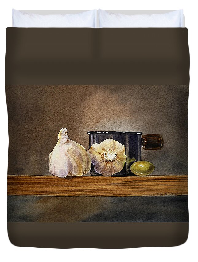 Garlic Duvet Cover featuring the painting Still Life With Garlic and Olive by Irina Sztukowski