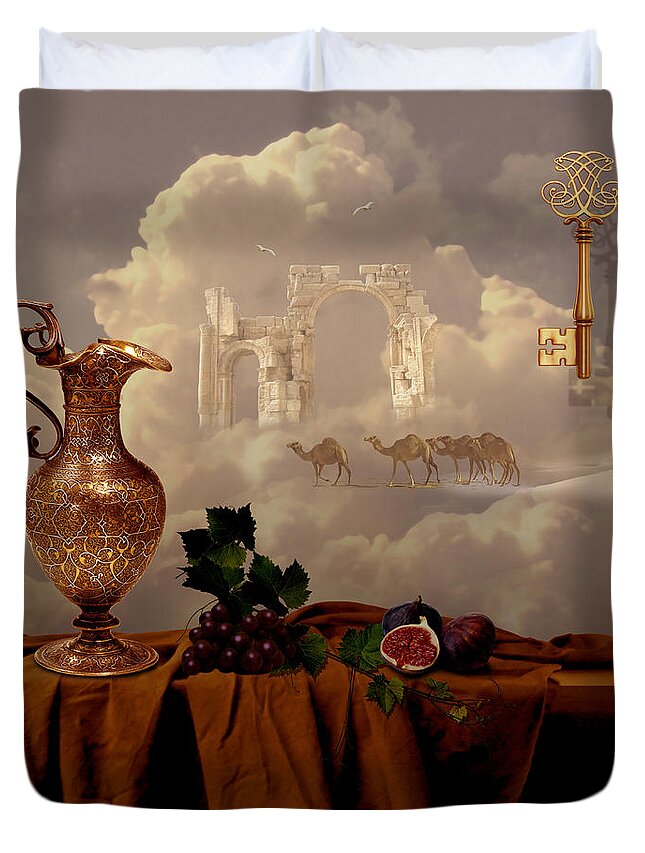 Still Life Duvet Cover featuring the digital art Still life with gold key by Alexa Szlavics