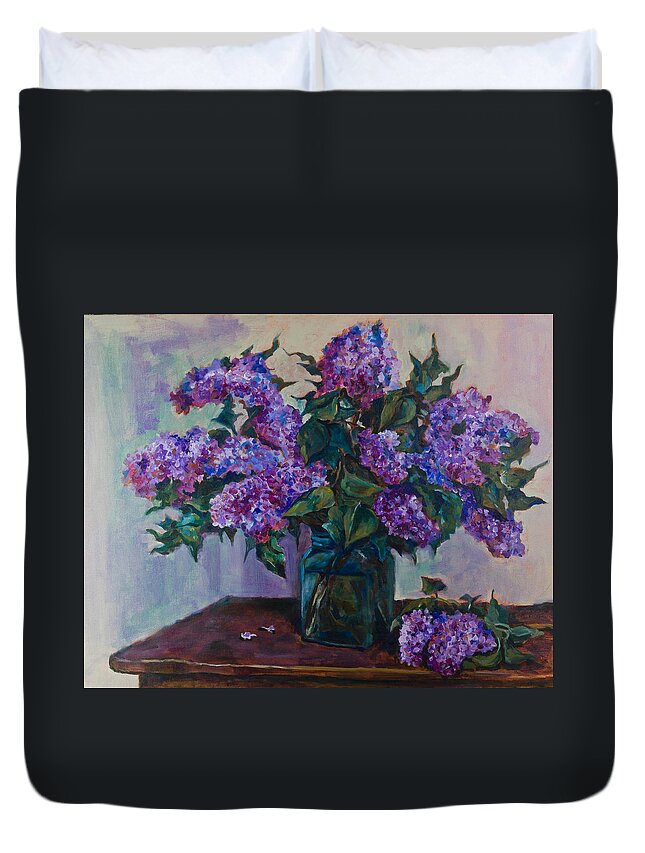 Flowers Duvet Cover featuring the painting Still life with lilac by Maxim Komissarchik