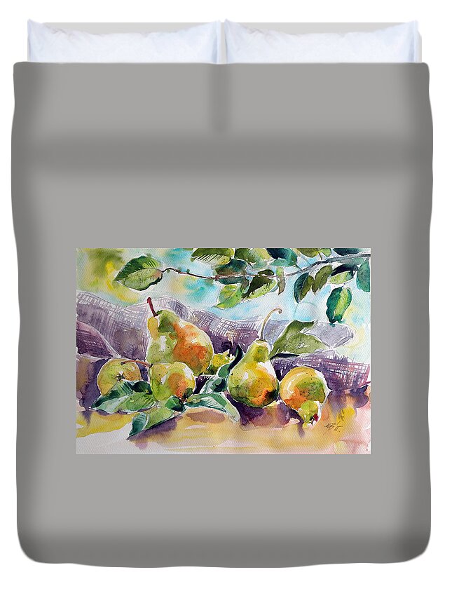 Still Life Duvet Cover featuring the painting Still life with pears by Kovacs Anna Brigitta