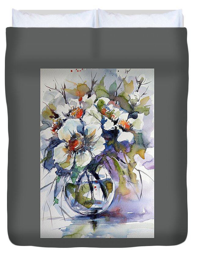 Still Life Duvet Cover featuring the painting Still life with white flowers by Kovacs Anna Brigitta