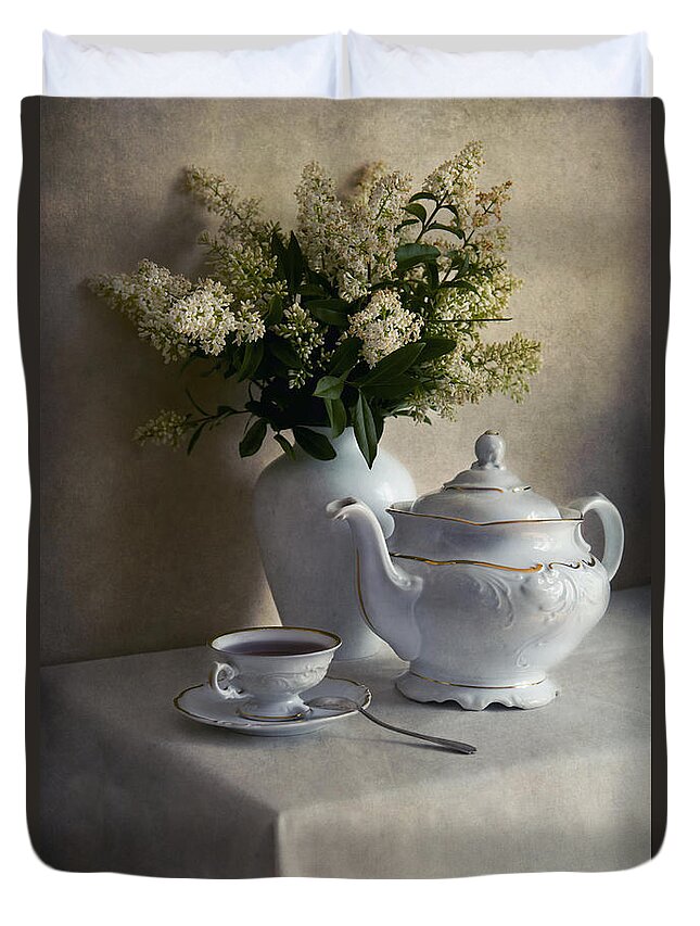 Still Life Duvet Cover featuring the photograph Still life with white tea set and bouquet of white flowers by Jaroslaw Blaminsky