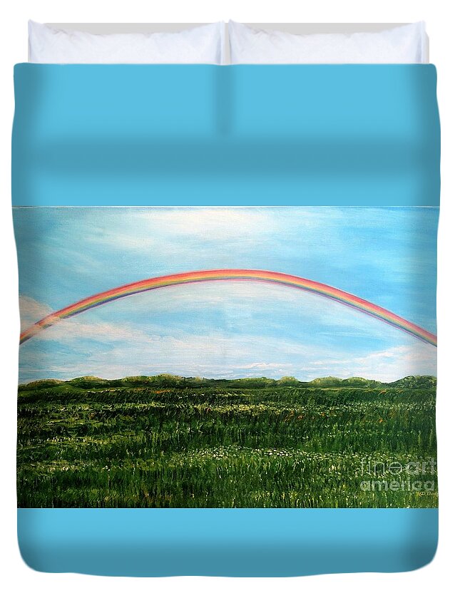 Full Primary Rainbow With Light Wispy Floating Clouds Bright Light Filtering In Soft Blue Sky Background Symbolic Form Of After Death Communication Angel Or God Message Of Promise Row Upon Row Of Tall Grasses And White And Yellow Wild Flowers Gentle Rolling Hills With Golden Green Trees In Background Of Field Nature Scene Paintings Rainbow Acrylic Paintings Duvet Cover featuring the painting Still Searching for Somewhere Over the Rainbow? by Kimberlee Baxter