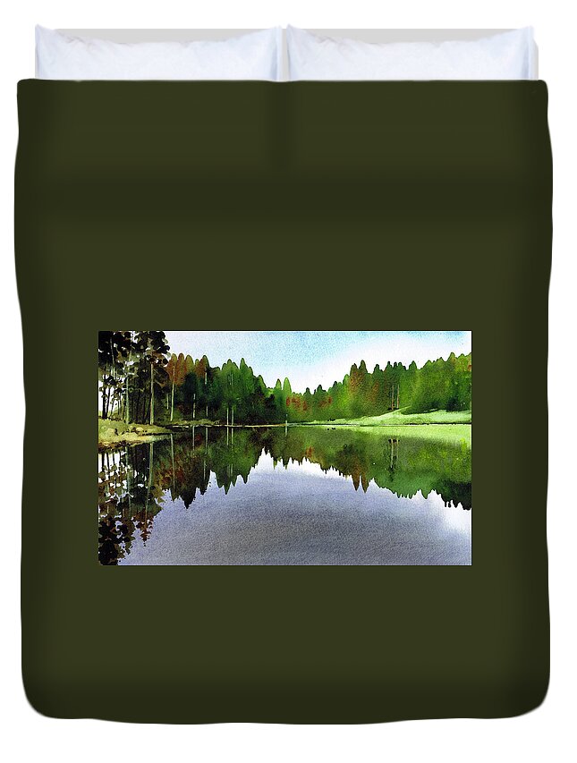 Watercolour Lanndscape Duvet Cover featuring the painting Still Water Tarn Hows by Paul Dene Marlor