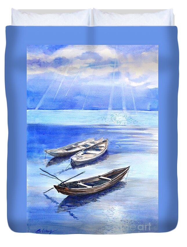 Boats Duvet Cover featuring the painting Stillness by Betty M M Wong