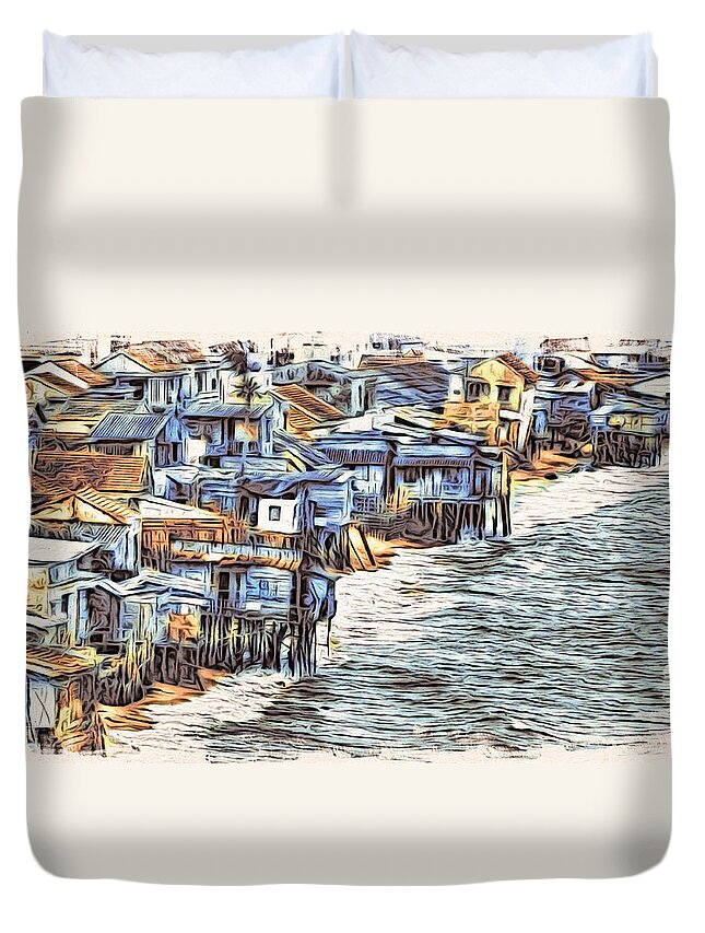 Asia Duvet Cover featuring the digital art Stiltsville by Cameron Wood