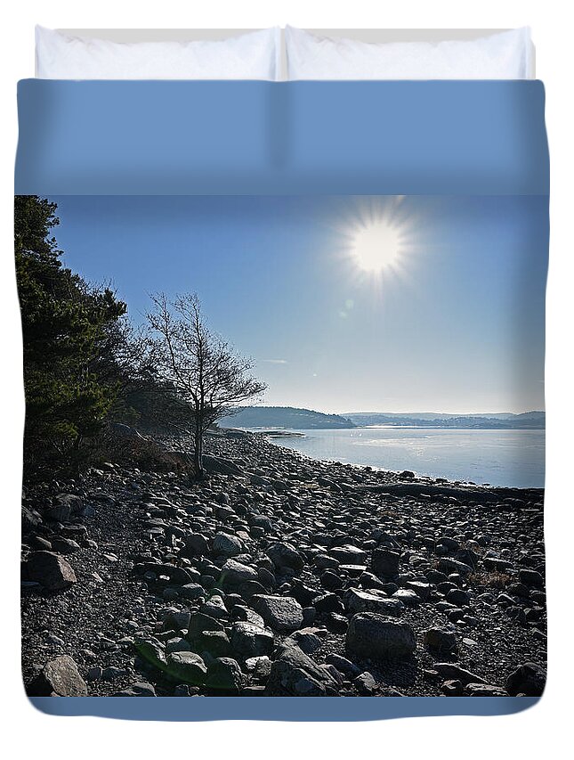 Sweden Duvet Cover featuring the pyrography Stone beach by Magnus Haellquist