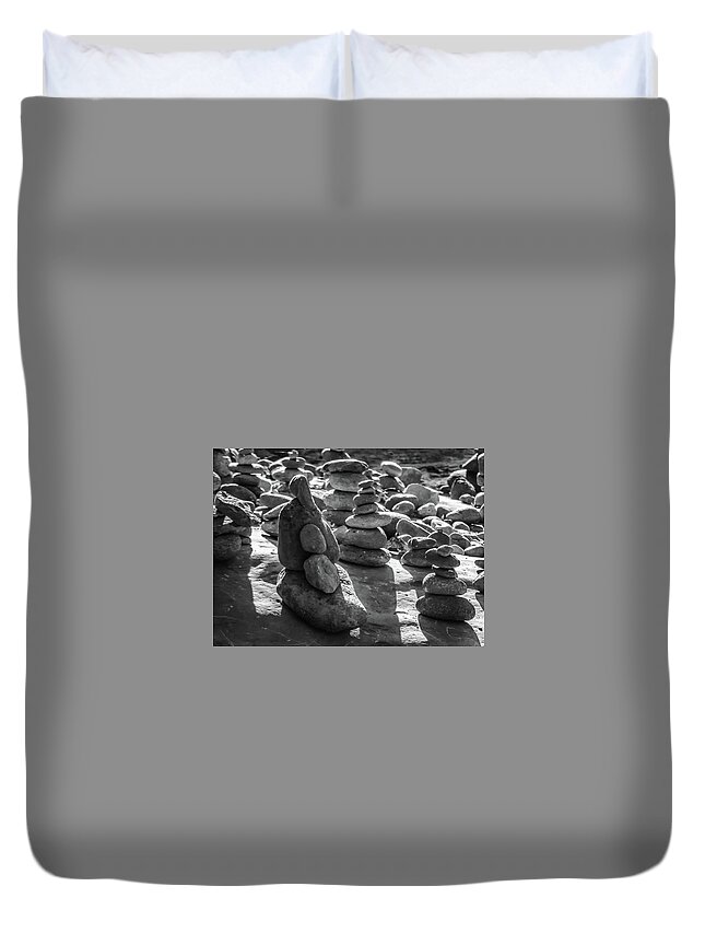 Stones Duvet Cover featuring the photograph Stone Cairns 7791-101717-2cr-bw by Tam Ryan