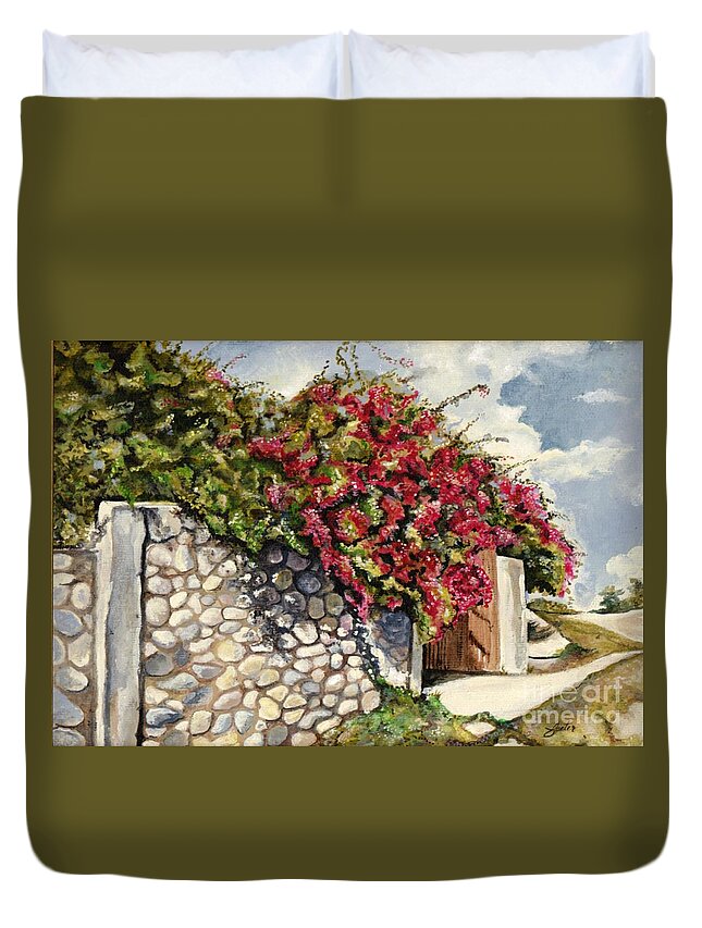 Acrylic On Canvas Duvet Cover featuring the painting Stone Wall by Daniela Easter