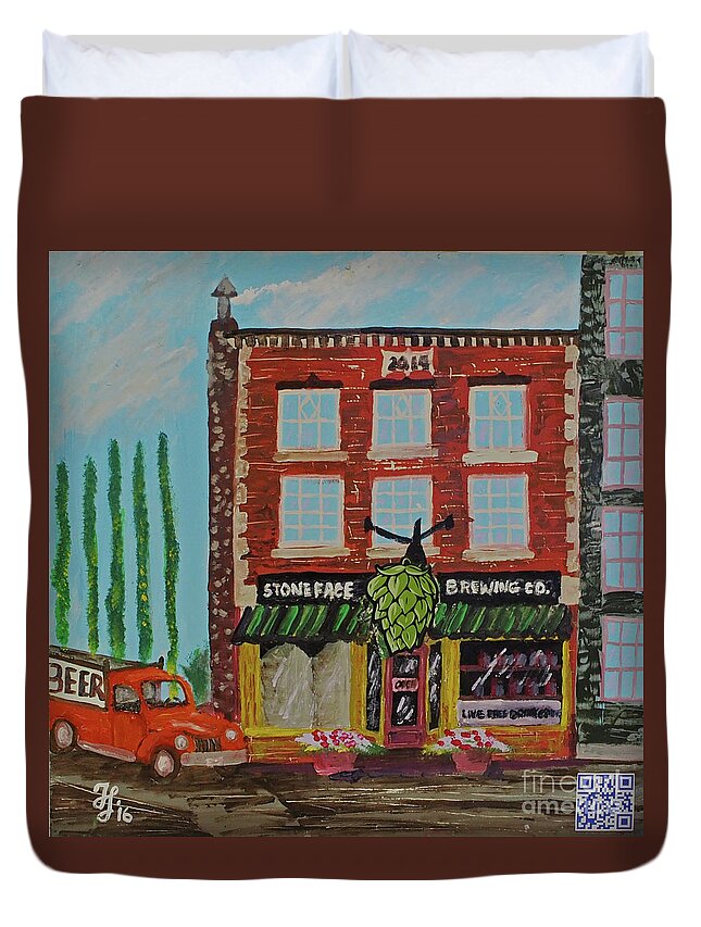 #stonefacebrewing #portsmouth Duvet Cover featuring the painting Stoneface Brewing Co. by Francois Lamothe
