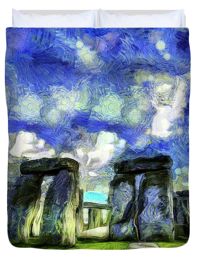 Impressionist Stonehenge Duvet Cover featuring the mixed media Stonehenge Vincent Van Gogh by David Pyatt