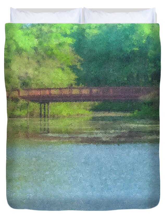 Stonehill College Duvet Cover featuring the painting Stonehill College Footbridge by Bill McEntee