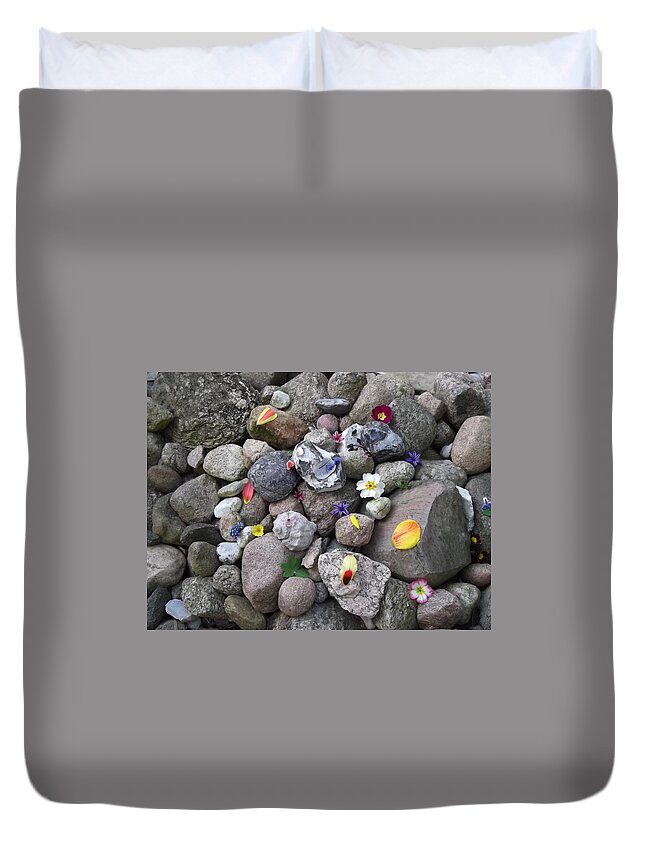 Stone Duvet Cover featuring the photograph Stones with flowers by Theresa Prange