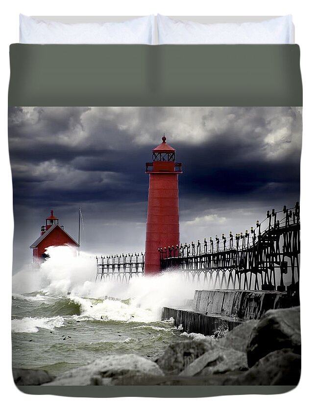 Art Duvet Cover featuring the photograph Storm at the Grand Haven Lighthouse by Randall Nyhof