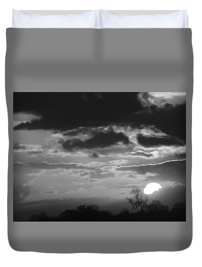 Black And White Landscape Duvet Cover featuring the photograph Storm Clouds At Sunset In Black And White by Gill Billington