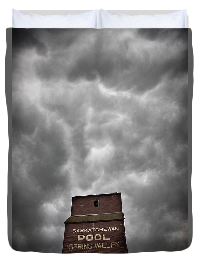 Stormy Duvet Cover featuring the photograph Storm Clouds Saskatchewan Grain Elevator by Mark Duffy