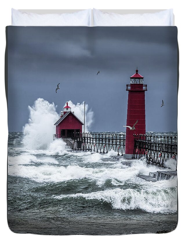 Lighthouse Duvet Cover featuring the photograph Storm on Lake Michigan by the Grand Haven Lighthouse with Flying Gulls by Randall Nyhof