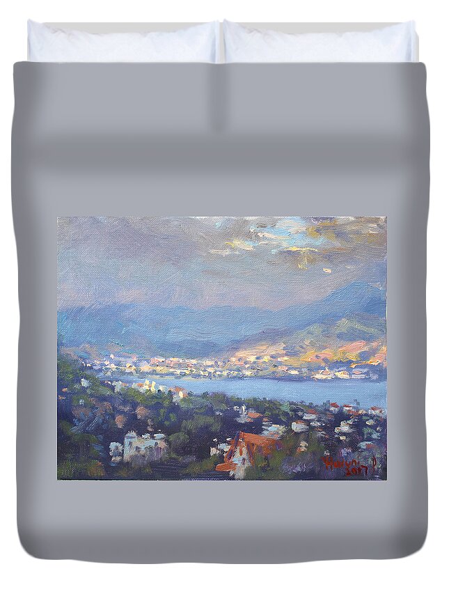 Storm Duvet Cover featuring the painting Storm over Dilesi and Evia Island by Ylli Haruni
