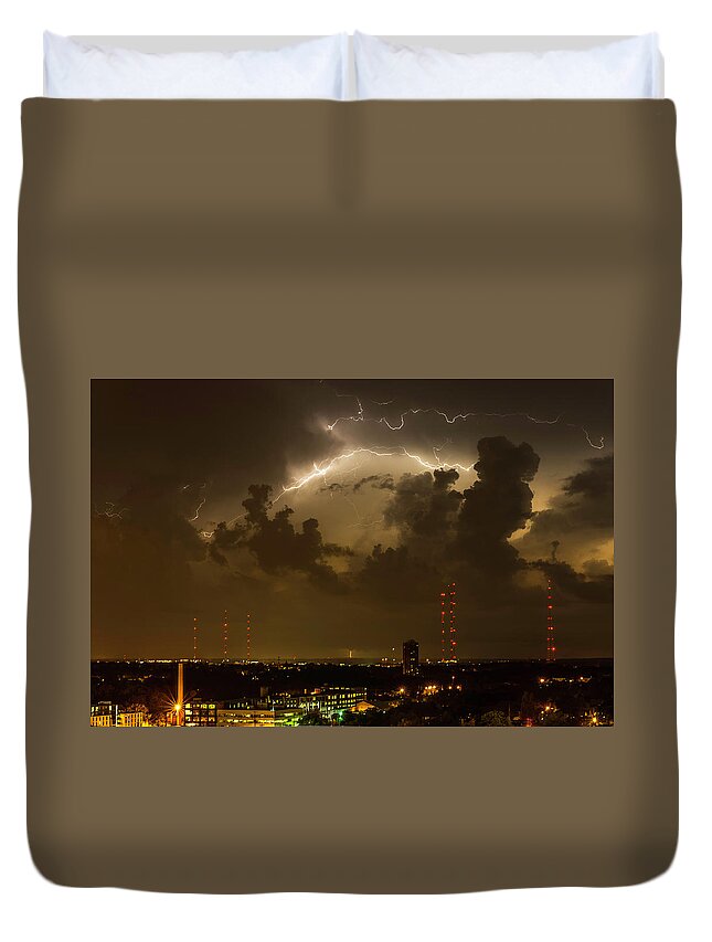 Lightening Duvet Cover featuring the photograph Storm over Milwaukee #1 by John Roach