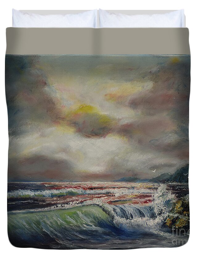 Seascape Duvet Cover featuring the painting Stormy Sea by Raija Merila