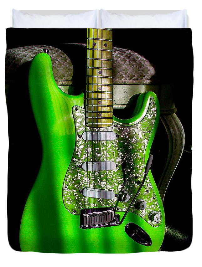 Fender Stratocaster Duvet Cover featuring the photograph Stratocaster Plus in Green by Guitarwacky Fine Art