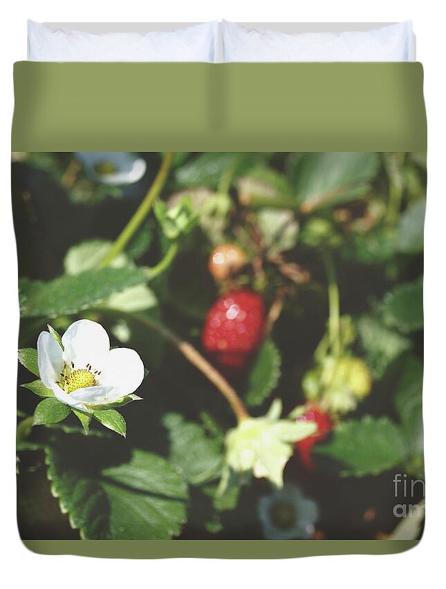 Strawberry Duvet Cover featuring the photograph Strawberry Flower by Cassandra Buckley