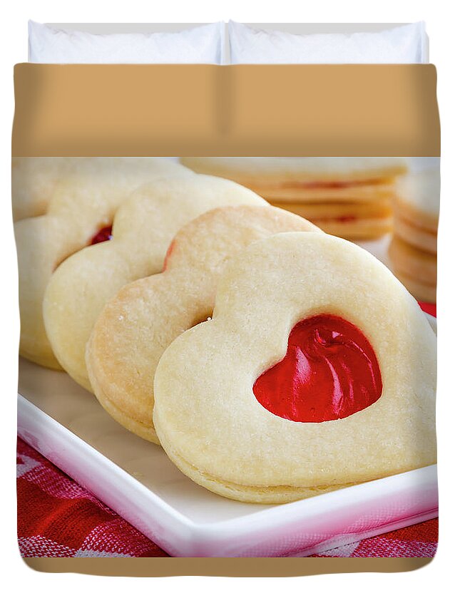 Valentines Day Duvet Cover featuring the photograph Strawberry Jam Filled Heart Cookies by Teri Virbickis