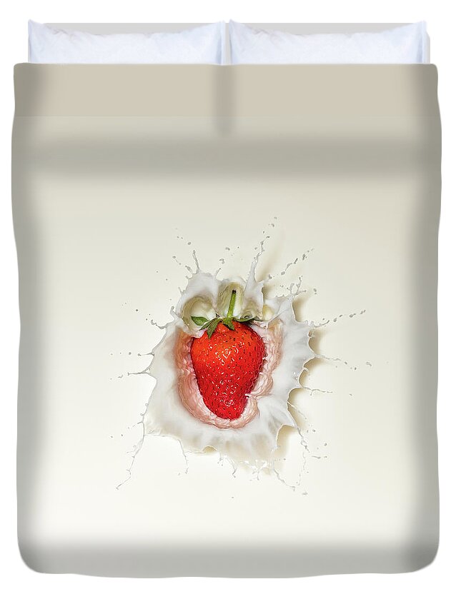 Strawberry Duvet Cover featuring the photograph Strawberry splash in milk by Johan Swanepoel